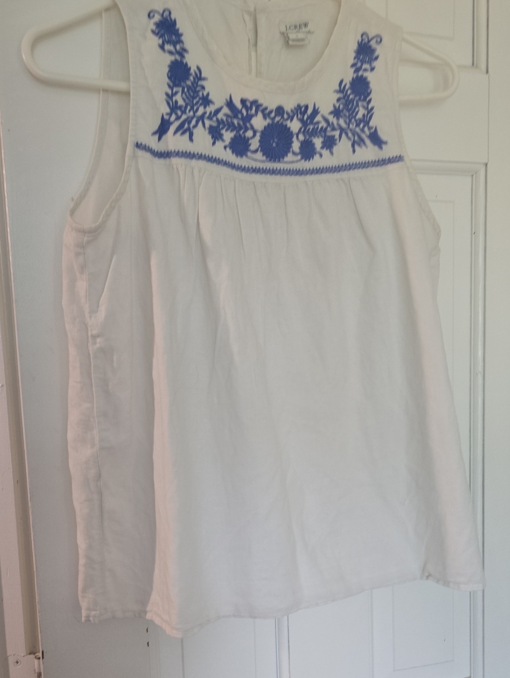 J. Crew White Sleeveless Top with Blue Floral Embroidery